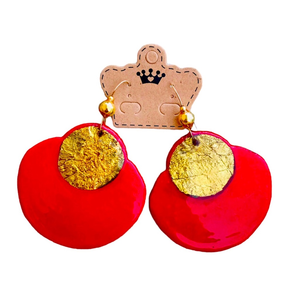 Vintage 80’s Red & Goldleaf Lacquer & Paper Statement OOAK Earrings Signed Dion